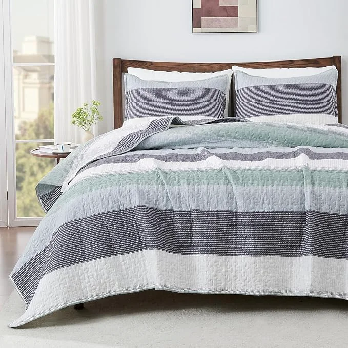 Safe Andency Oversized King Quilt Bedding Set 120x98Inch Sage Green Stripe Classic
