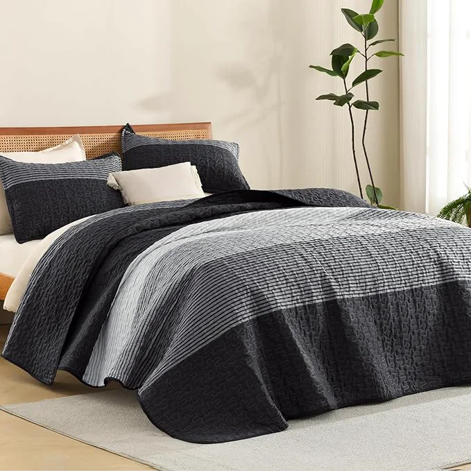 Sophisticated Litanika Oversized King Quilt Set Black and White 120x98 Stripe Bedspread High-Performance