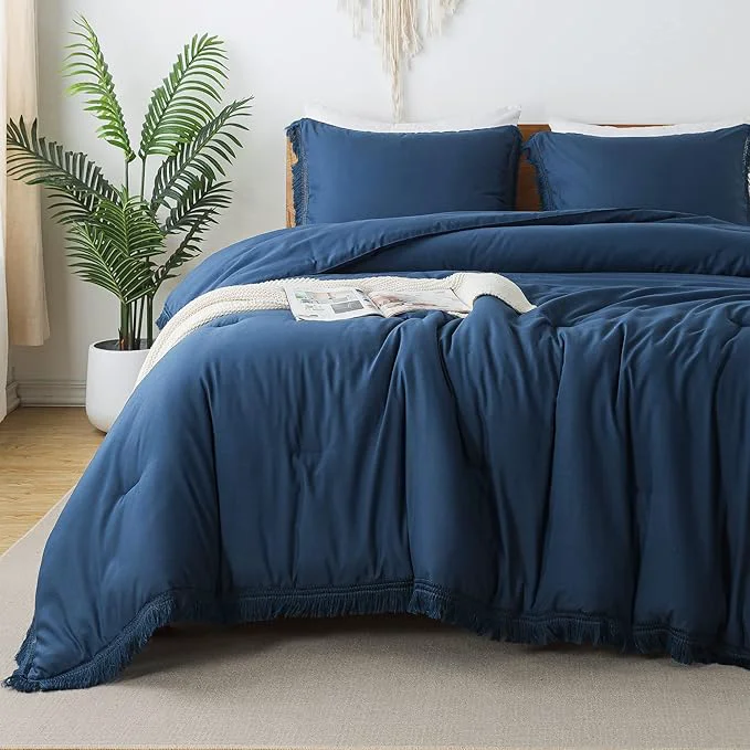 Outstanding Andency Navy Blue Comforter Set Full Size 3 Pieces Boho Tassel Lightweight Comfortable