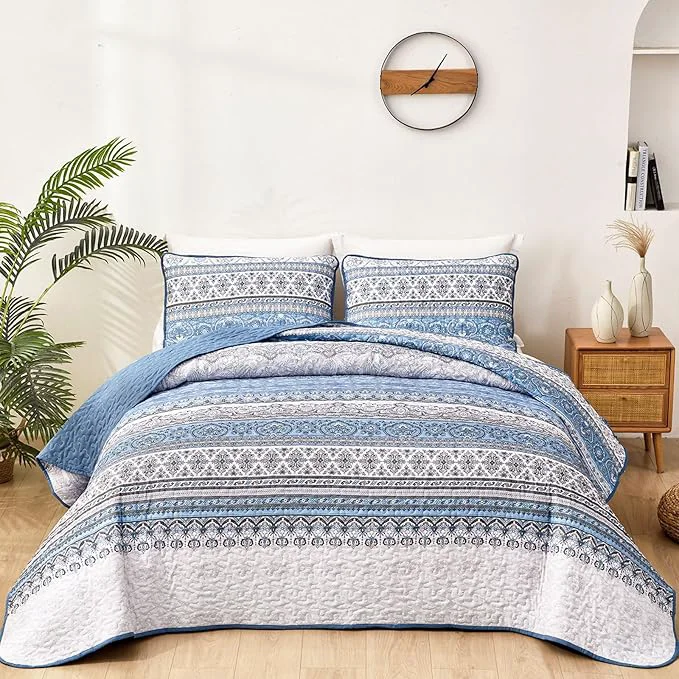 Secure WONGS BEDDING Boho King Quilt Set Light Blue Bohemian King Quilt Bedding Set Healthy