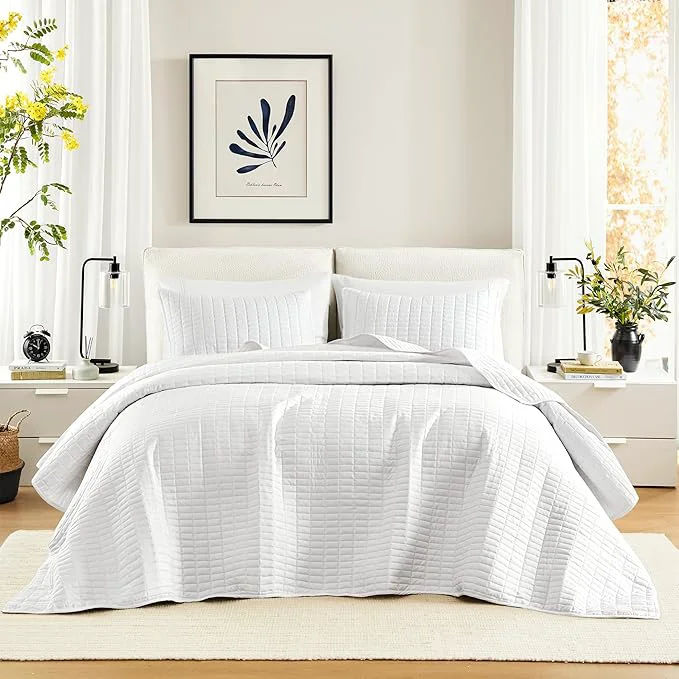 Consistent Comfort Spaces White Oversized King Quilt Set 120 x118 Bedspread Quilted First-Class