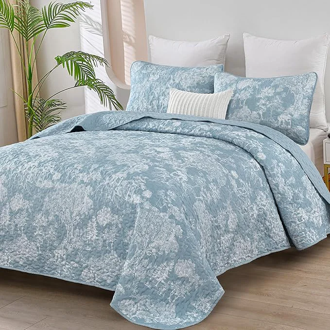 Secure WONGS BEDDING Botanical Quilt Set Queen Size Aqua 3 Pieces Toile Floral Plants Stylish