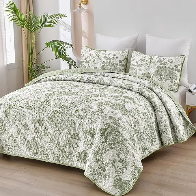 Carefully Designed WONGS BEDDING Botanical Quilt Set Queen Size Sage Green 3 Pieces Toile Floral Soft