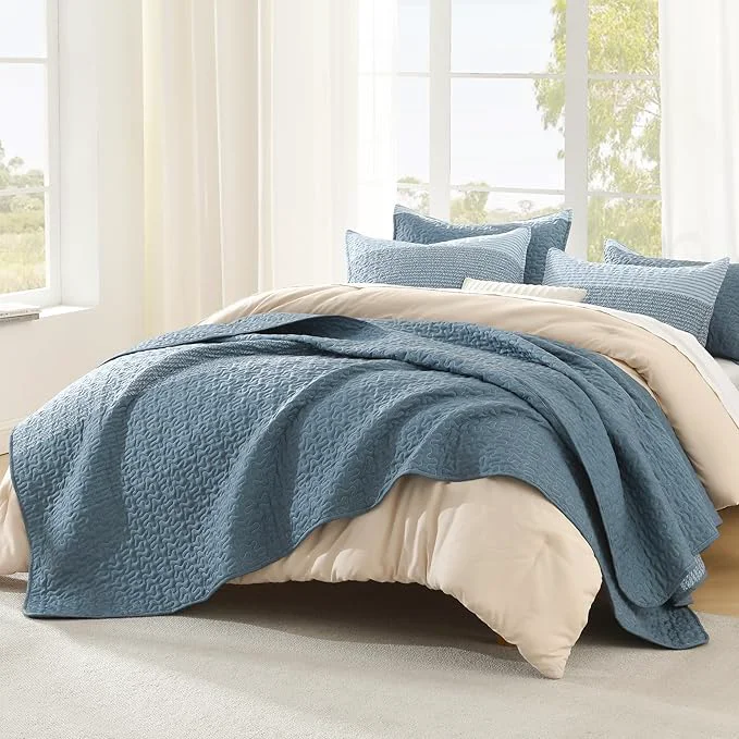 Long-Lasting Litanika Quilt Queen Size Blue Linen Stripe Patchwork Summer Bedspread Top-Quality