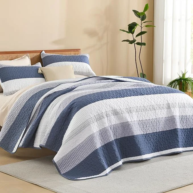 Breathable Litanika Oversized King Quilt Set Mineral Blue 120x98 Stripe Bedspread Relaxed