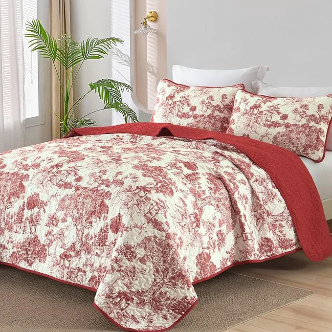 Solid WONGS BEDDING Botanical Quilt Set King Size Christmas Red 3 Pieces Floral Enhanced