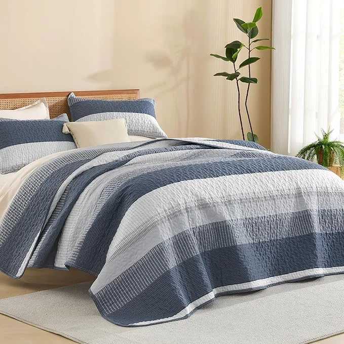 Carefully Designed Litanika King Size Quilt Set Navy Blue Stripe Patchwork Summer Bedspread Solid