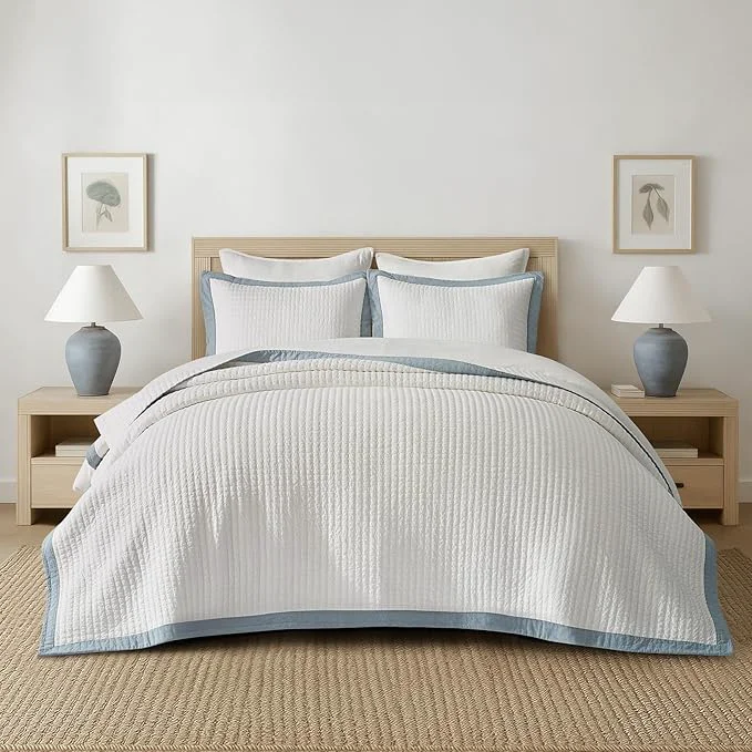 Unique EVERGRACE Cotton Border Frame Tack-Stitch Quilt Bedding Set King Size Coastal Classic