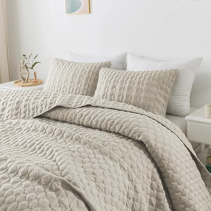 Stylish WDCOZY Light Beige Quilts Queen Size Bedding Set Detailed