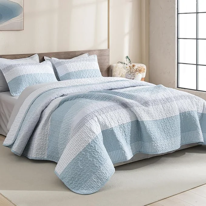 Fashionable Litanika Quilt Queen Size Spa Blue Stripe Patchwork Summer Bedspread Coverlet Recyclable