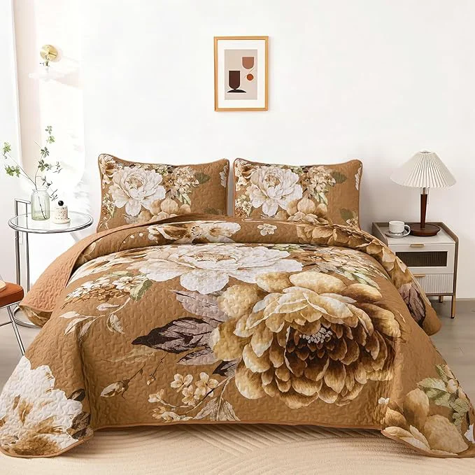 Professional WONGS BEDDING Brown Floral Quilt Set King 3 Pieces Reversible Lightweight
