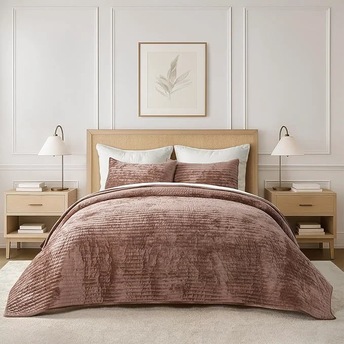 Selected EVERGRACE Velvet Quilt Set King Size Luxurious Soft Striped Channel Bedding Set User-Friendly