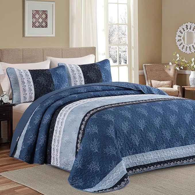 World-Class DJY Stripe Quilt Set King Size Blue Bedspread Coverlet Set 3 Pieces Boho Branch Premium Material