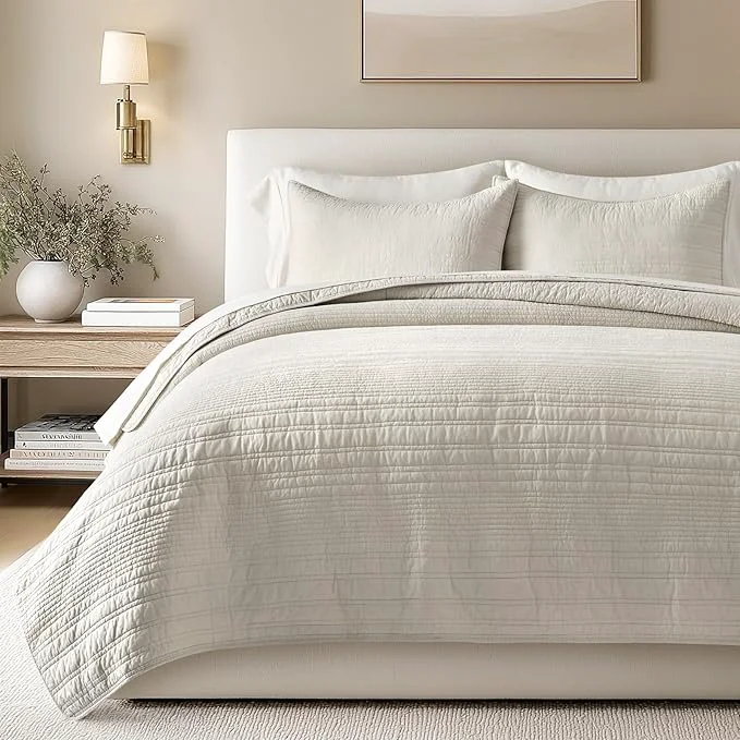 Lightweight EVERGRACEHOME Cotton Modern Lines Quilt Set King Size Pre-Washed Soft Luxury