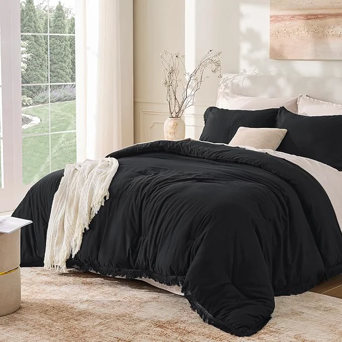 Premium Material Andency Black Comforter Set California King 3 Pieces Boho Tassel Lightweight Smart
