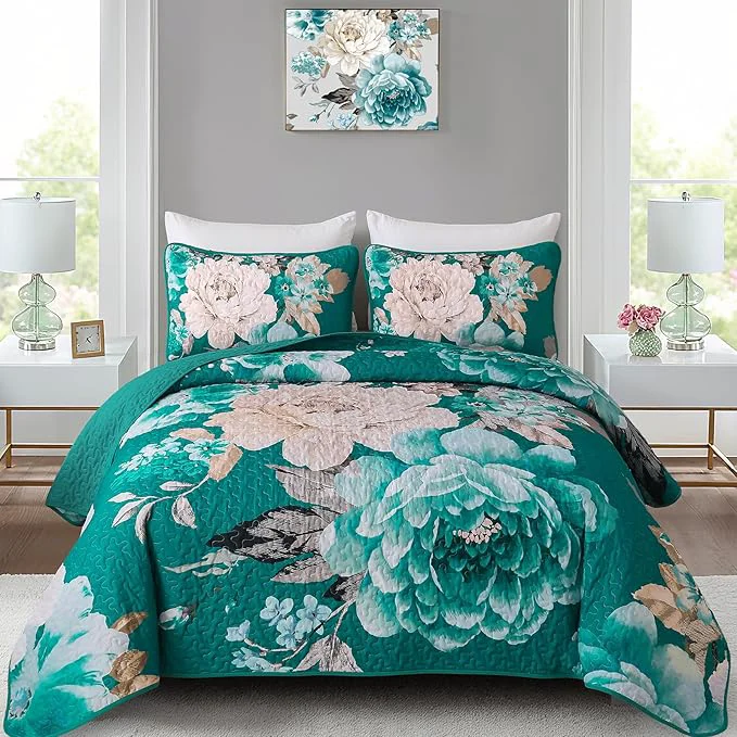 Clean WONGS BEDDING Teal Boho Floral Quilt Set King 3 Pieces Elegant Flower Authentic