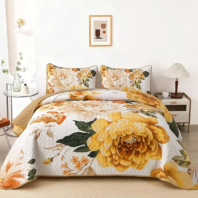 Luxury WONGS BEDDING Yellow Floral Quilt Set King 3 Pieces Reversible Lightweight Selected