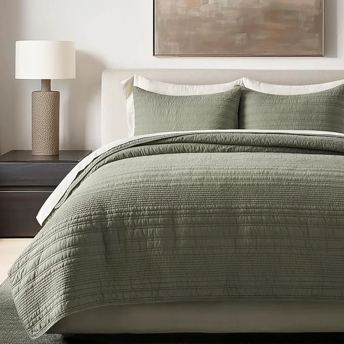 Exclusive EVERGRACEHOME Cotton Modern Lines Quilt Set King Size Pre-Washed Soft Premium