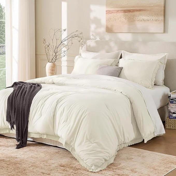 Eco-Friendly Andency Oversized King Size Comforter Set Ivory 128x120 3 Pieces Boho Soft Traditional