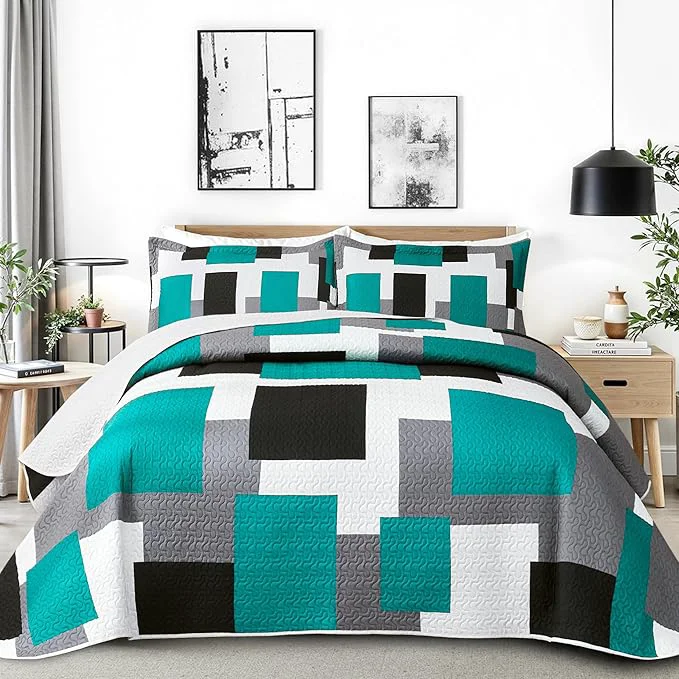 Versatile Tyrot 3 Piece Teal Turquoise Quilt Set Full Queen Size Black Grey Geometric Original
