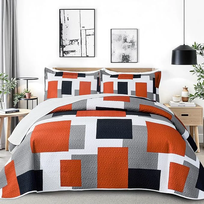 Casual Tyrot 3 Piece Orange Grey Quilt Set King Size Black White Gray Geometric Prestigious