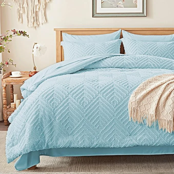 Certified Zzlpp Full Comforter Set 7 Pieces Light Blue Tufted Bed in a Bag Safe