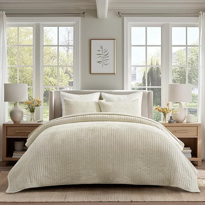 Trusted EVERGRACE Velvet Quilt Set Queen Size Luxurious Soft Striped Channel Bedding Easy-to-Use