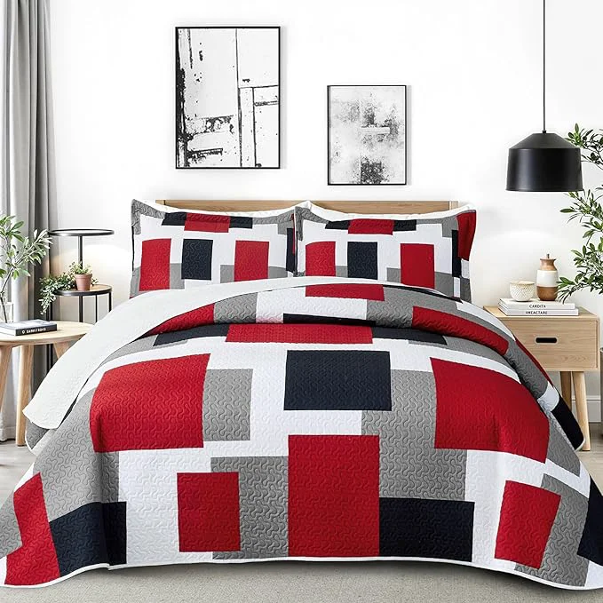 Relaxed Tyrot 3 Piece Red Black Grey Quilt Set Full Queen Size Red and White Geometric Long-Lasting