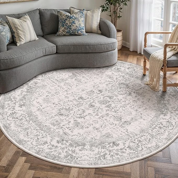 Durable Grey Round Area Rug 5ft Entryway Door Mat Small Circle 5x5 Kitchen Vintage Elite