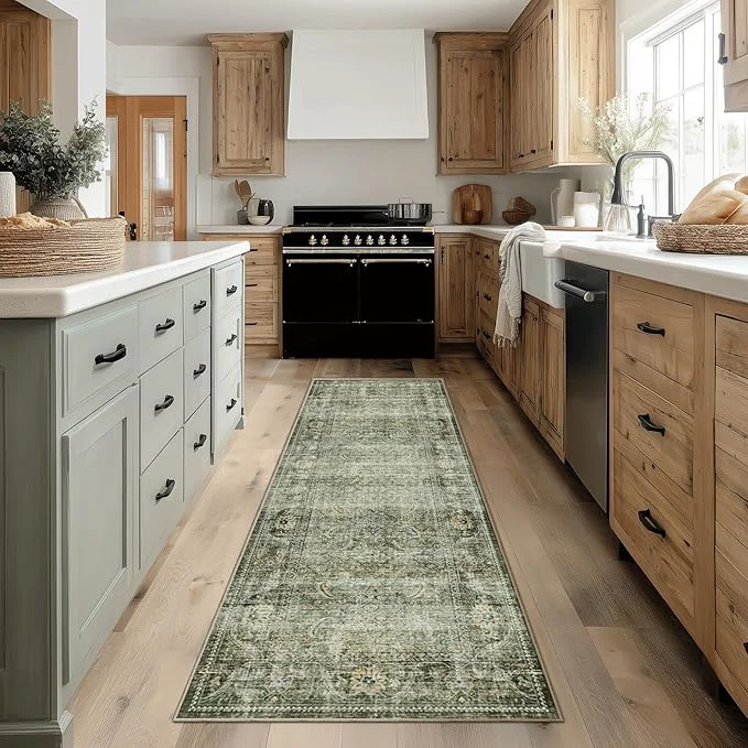 Genuine FMFUNCTEX 2x6 Runner Rug Green Vintage Neutral Washable Distressed Non Slip Low Classic
