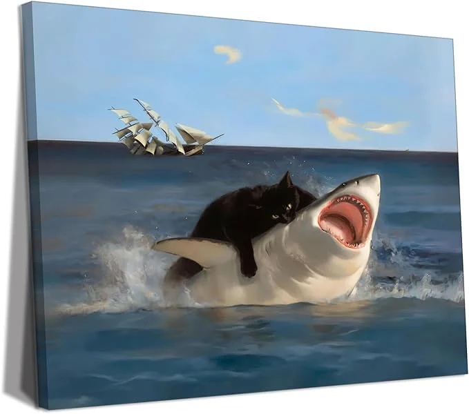 Reliable BFKDKG Framed Black Cat Wall Art Funny Quirky Cat and Shark Pictures Canvas Fast