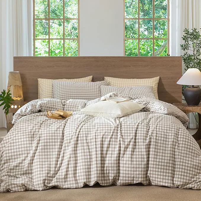 Certified MooMee Gingham Duvet Cover Set Washed Cotton Linen Like Textured Official