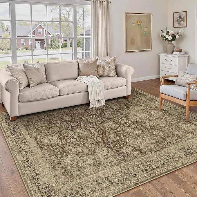 Classic Brown 5x7 Area Rug Non Slip Vintage Living Room Distressed Machine Washable Green