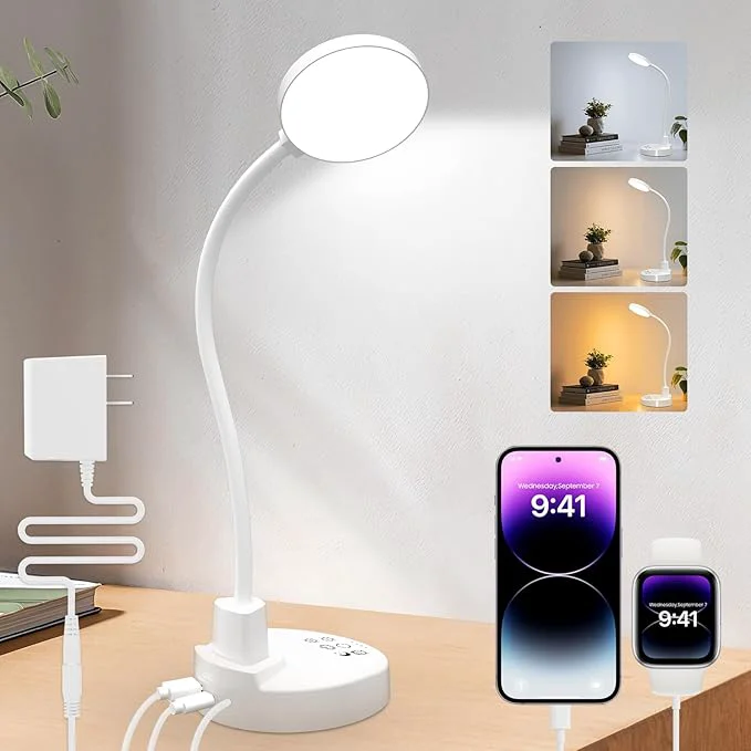 Reusable 15W LED Desk Lamp with USB Charging Ports – Dimmable Table Lamp with 3 Color Breathable