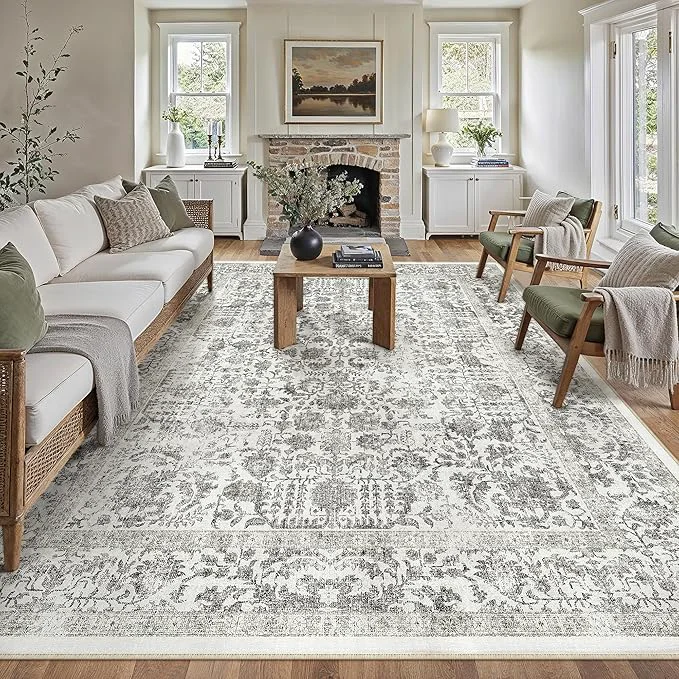 Contemporary Black Area Rug 9x12 Machine Washable Large Vintage Living Room Distressed Non Fine
