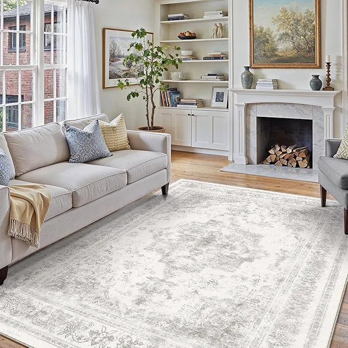 Responsible Washable Rug 6x9 Area Rug for Living Room Light Gray Vintage Boho Medallion Durable