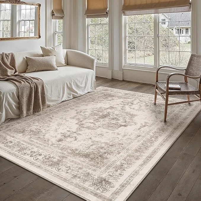 Convenient Area Rug 4x6 Beige Washable Office Entryway Vintage Medallion Carpet Non Slip Exceptional