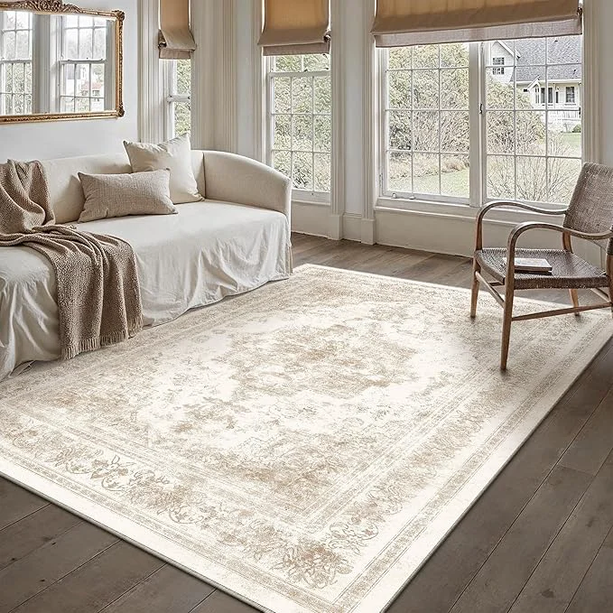 Effective Area Rug 5x7 Cream Washable Living Room Beige Carpet Non Slip Vintage Medallion Stylish