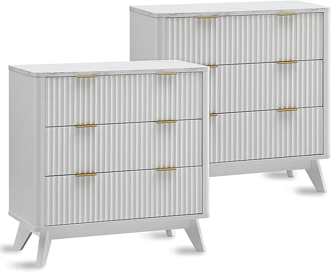 Premium Material T4TREAM Fluted 3 Drawers Nightstand Set of 2 Oversized Extra Large Modern Side Optimized