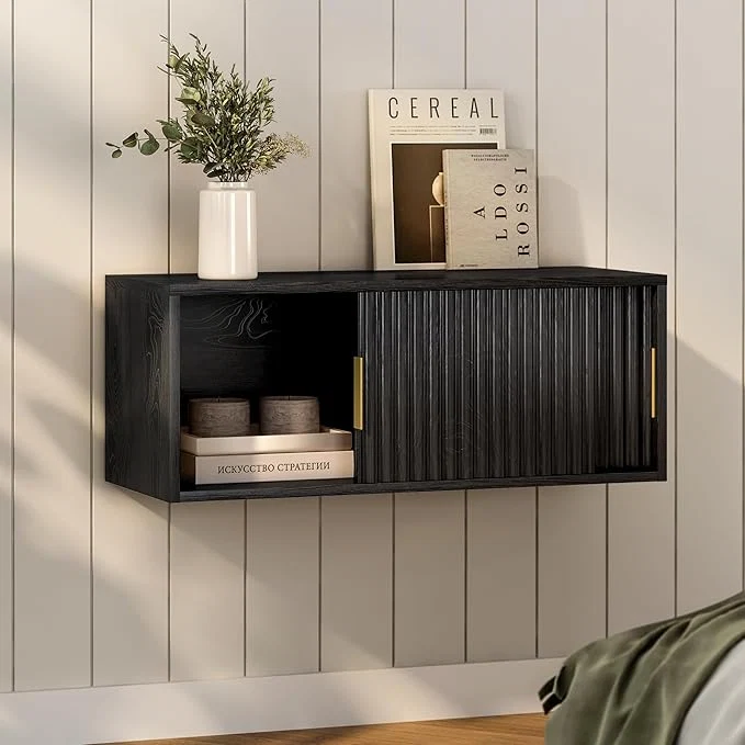 Functional Floating Nightstand with Sliding Doors Modern Large Night Stand Storage Shelf Minimalist