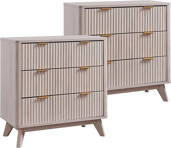 Stylish T4TREAM Fluted 3 Drawers Nightstand Set of 2 Oversized Extra Large Modern Side Excellent
