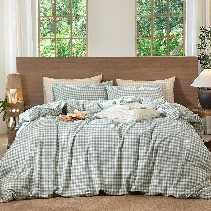 Minimalist MooMee Gingham Duvet Cover Set Washed Cotton Linen Like Textured Elegant