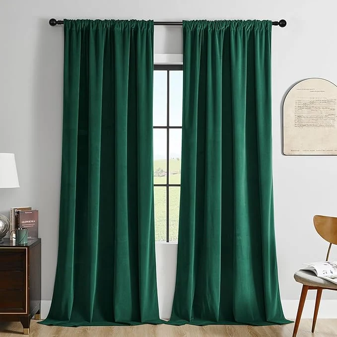 Fashionable Joydeco Green Velvet Curtains 102 inch Length 2 Panels Luxury Blackout Rod Eco-Friendly