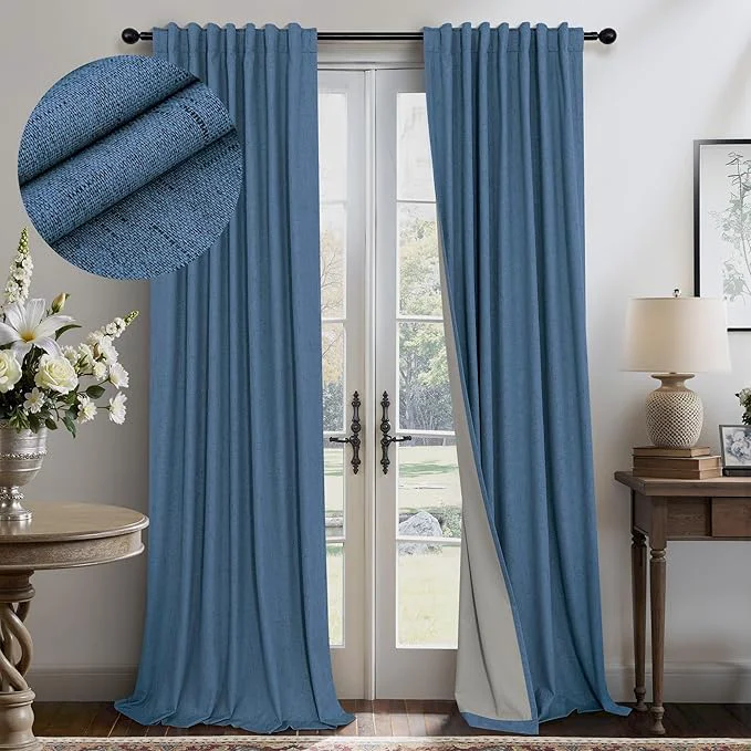 Smooth Denim Blue Blackout Drapes 96 Inches Long 2 Panel Burg Cute Linen Textured Environmentally Friendly