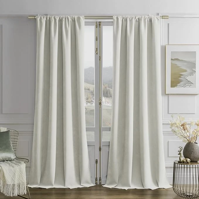 Crafted Joydeco Vanilla Grey Velvet Curtains 96 Inches 2 Panels Luxury Thermal Premium