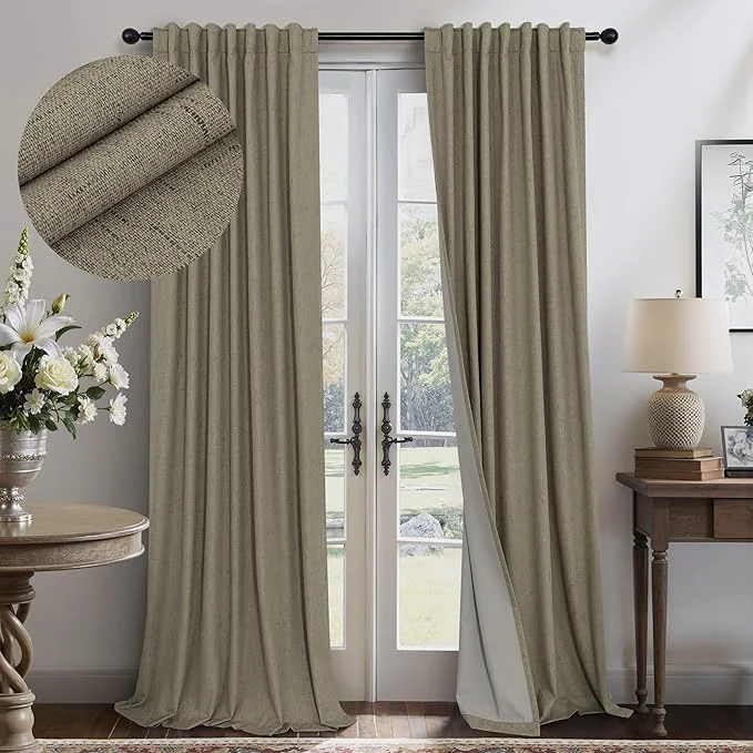 Original Taupe Blackout Curtains 90 Inches Long Thick Linen Patio Curtain Detailed