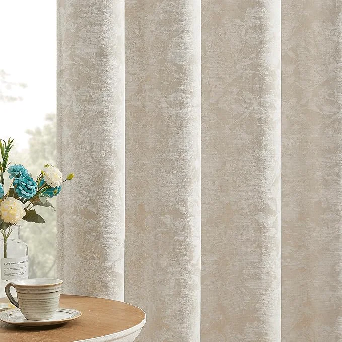 Powerful Beauoop Beige Floral Jacquard Blackout Curtains 63 Inches Long 2 Panels Excellent