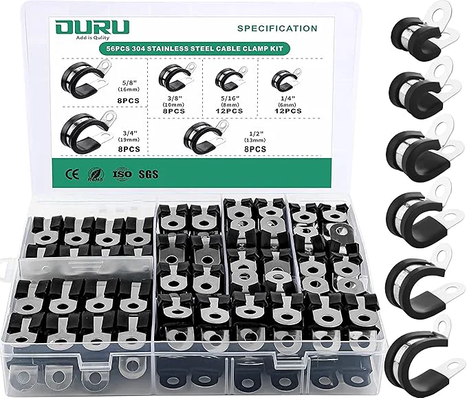 Efficient 56PCS Cable Clamps Assortment Kit 6 Sizes—1 4 5 16 3 8 1 2 5 8 3 4 High-End