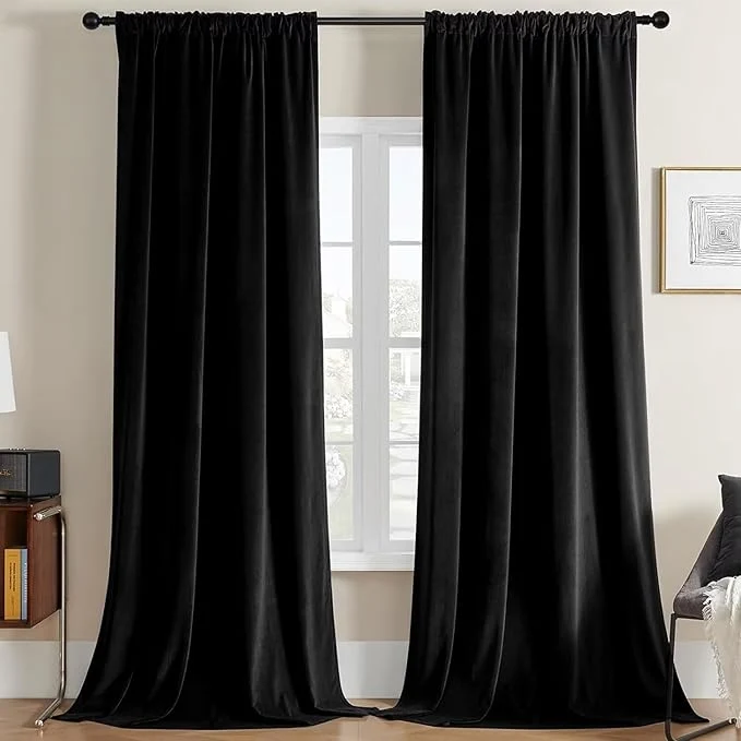 Reusable Joydeco Black Velvet Curtains 102 inch Length 2 Panels Luxury Blackout Rod Effective
