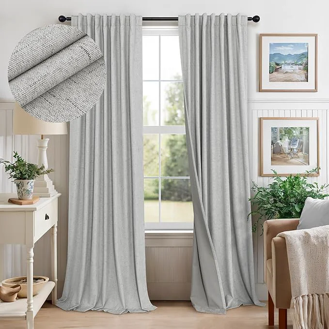 Official 102 Inch Long Curtains Blackout Linen Cotton Textured Black Out Curtains Energy Flexible